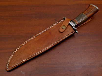 15" Damascus Bowie Knife – Camel Bone & Rosewood Handle with Forged Guard