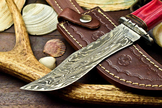 10" Damascus Bowie Hunting Knife – Hard Wood Handle with Leather Sheath