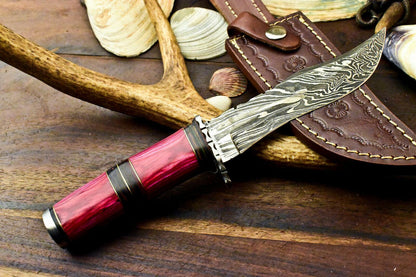10" Damascus Bowie Hunting Knife – Hard Wood Handle with Leather Sheath
