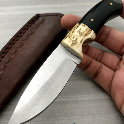 7" Full Tang Hunting Skinner Knife Stainless Steel Blade Buffalo Horn & Stag Handle with Leather Sheath