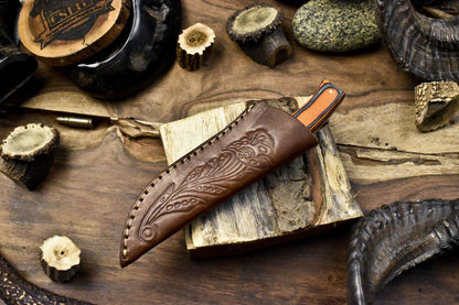 8" Custom Skinner Knife AUS-8 Steel Hard Wood Handle with Leather Sheath