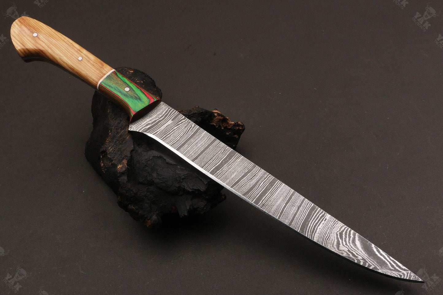 13.5" Handmade Damascus Fillet Knife Fire Damascus Steel Fillet Knife With Leather Sheath