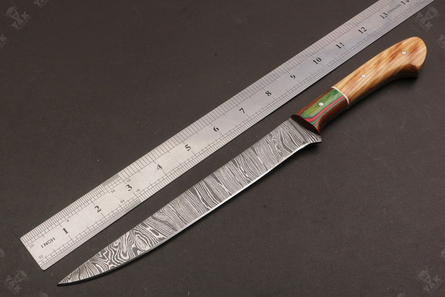 13.5" Handmade Damascus Fillet Knife Fire Damascus Steel Fillet Knife With Leather Sheath
