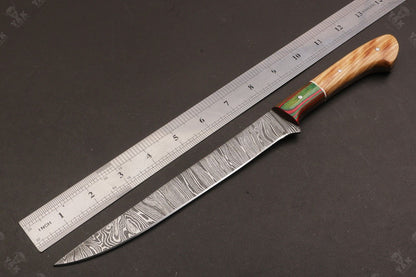 13.5" Handmade Damascus Fillet Knife Fire Damascus Steel Fillet Knife With Leather Sheath