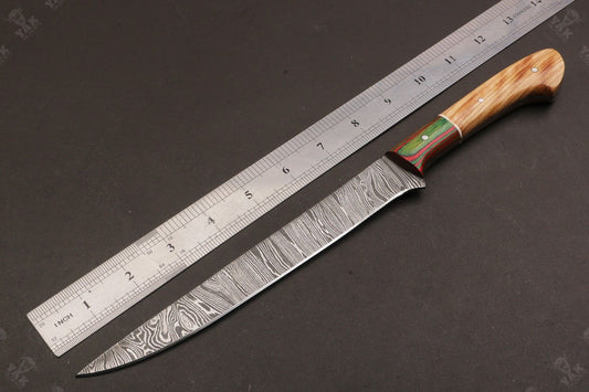 13.5" Handmade Damascus Fillet Knife Fire Damascus Steel Fillet Knife With Leather Sheath