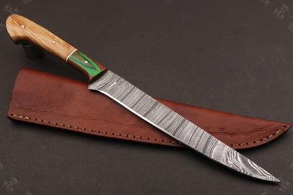 13.5" Handmade Damascus Fillet Knife Fire Damascus Steel Fillet Knife With Leather Sheath