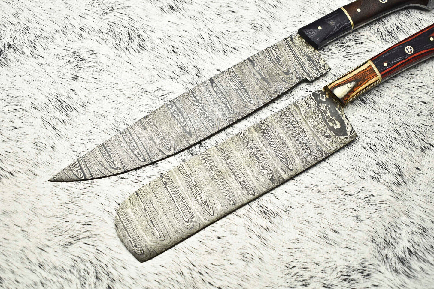 Exclusive Pair of Handmade Hammered Damascus Steel Chef Knives, 12” to 13” Blades