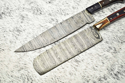 Exclusive Pair of Handmade Hammered Damascus Steel Chef Knives, 12” to 13” Blades