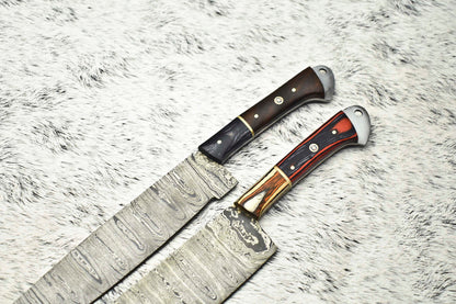 Exclusive Pair of Handmade Hammered Damascus Steel Chef Knives, 12” to 13” Blades