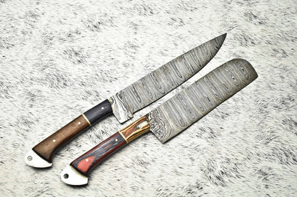 Exclusive Pair of Handmade Hammered Damascus Steel Chef Knives, 12” to 13” Blades