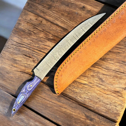 Handmade Kitchen Knife 12” Damascus Fillet Knife & Wood Handle W/Sheath