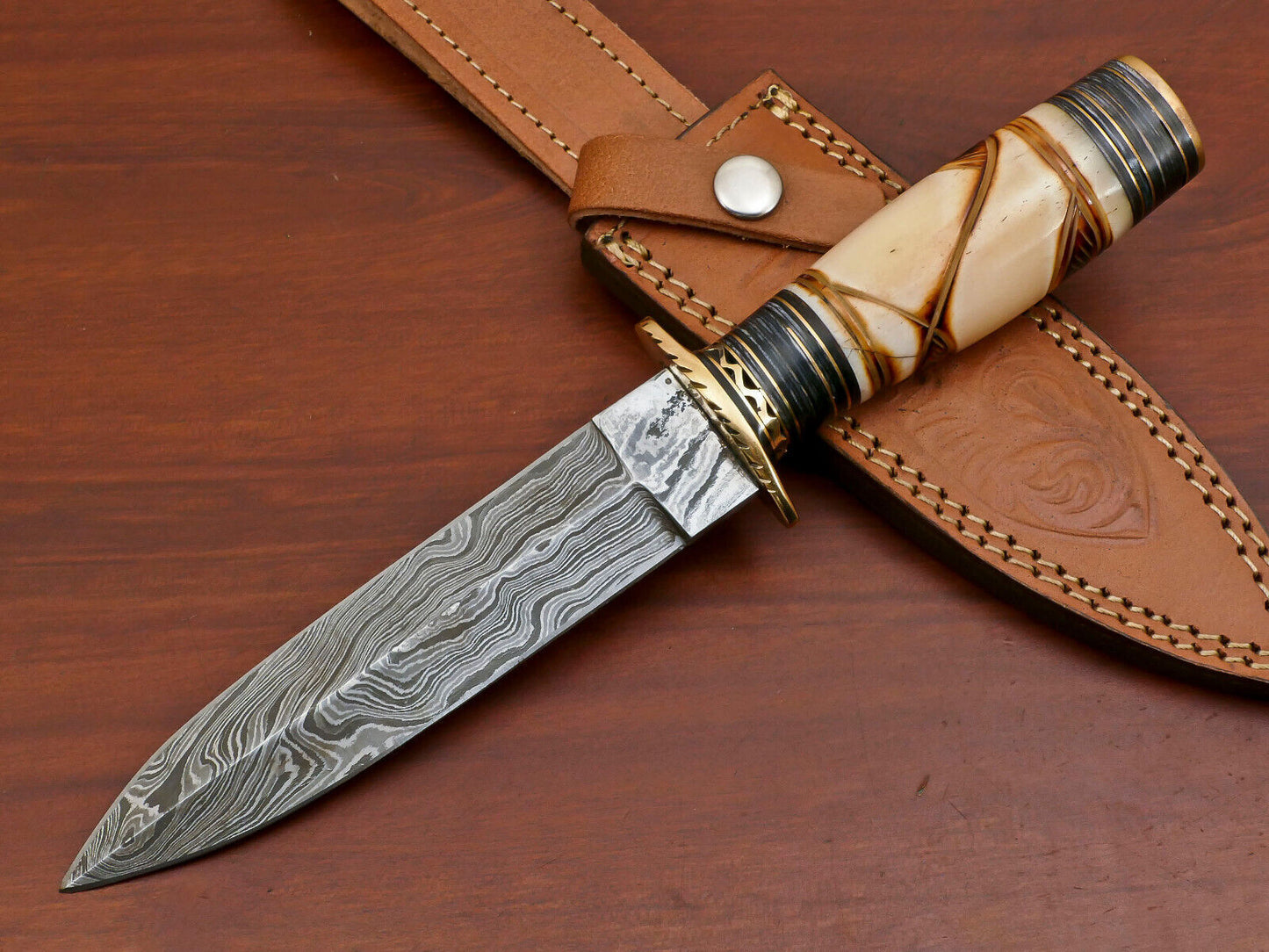 12" Damascus Art Dagger Hunting Bowie Knife – Burn Camel Bone Handle