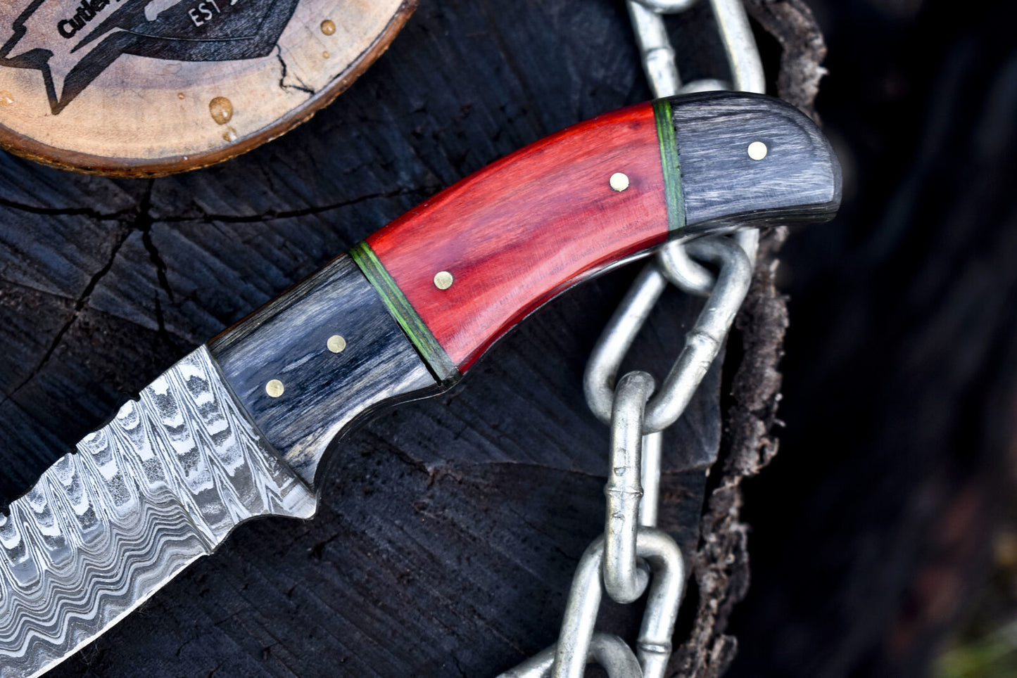 Handmade Ladder Damascus Skinner Knife with Gut Hook Hardwood Handle and Leather Sheath