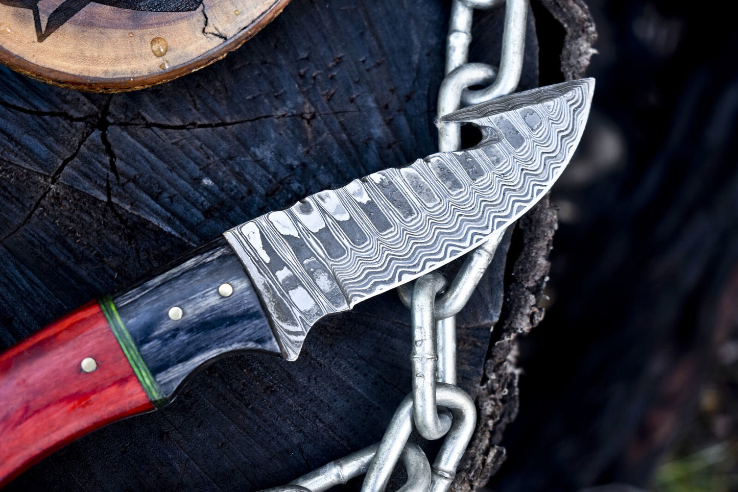 Handmade Ladder Damascus Skinner Knife with Gut Hook Hardwood Handle and Leather Sheath