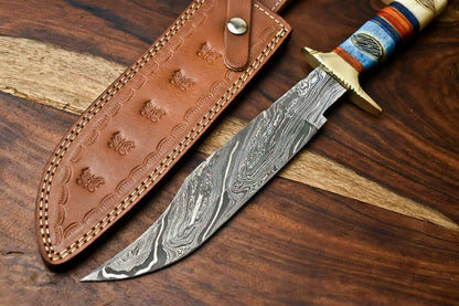 15" Handmade Damascus Steel Bowie Hunting Knife | Camel Bone Handle with Leather Sheath