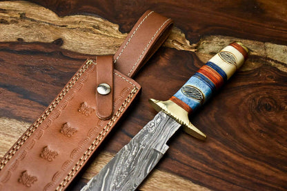 15" Handmade Damascus Steel Bowie Hunting Knife | Camel Bone Handle with Leather Sheath