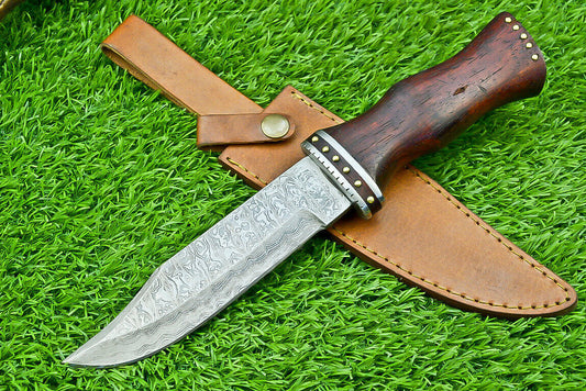 Damascus Steel Bowie Knife with Natural Wood Handle for Camping and Hunting