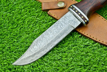 Damascus Steel Bowie Knife with Natural Wood Handle for Camping and Hunting