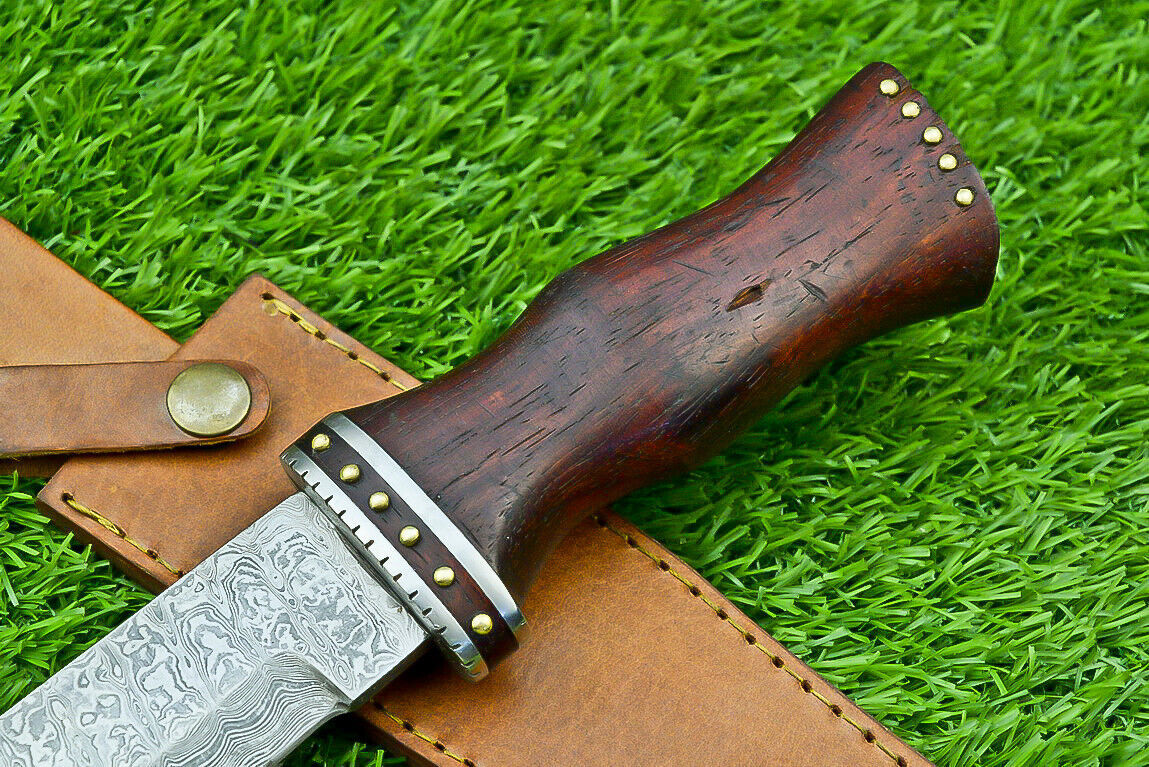 Damascus Steel Bowie Knife with Natural Wood Handle for Camping and Hunting
