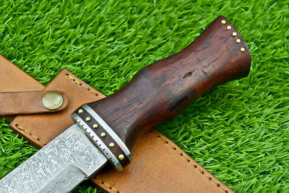 Damascus Steel Bowie Knife with Natural Wood Handle for Camping and Hunting