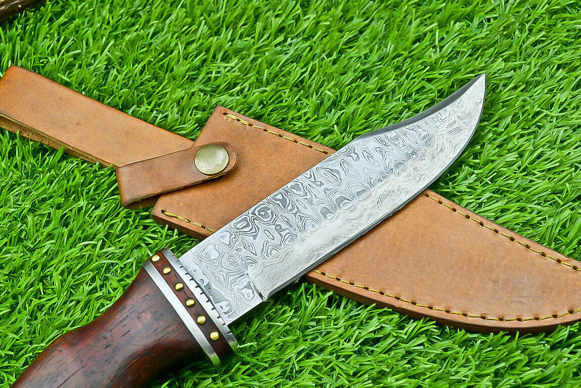 Damascus Steel Bowie Knife with Natural Wood Handle for Camping and Hunting