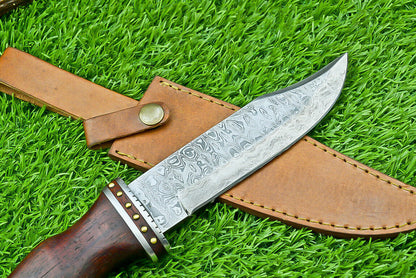 Damascus Steel Bowie Knife with Natural Wood Handle for Camping and Hunting