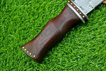 Damascus Steel Bowie Knife with Natural Wood Handle for Camping and Hunting