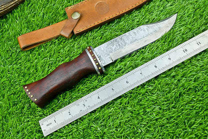 Damascus Steel Bowie Knife with Natural Wood Handle for Camping and Hunting