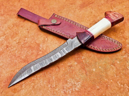 12" Hand Forged Damascus Bowie Knife with Camel Bone & Wood Handle – Leather Sheath Included