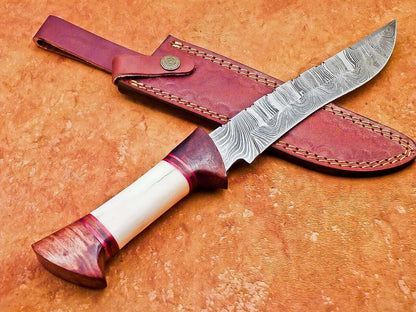 12" Hand Forged Damascus Bowie Knife with Camel Bone & Wood Handle – Leather Sheath Included