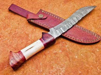 12" Hand Forged Damascus Bowie Knife with Camel Bone & Wood Handle – Leather Sheath Included