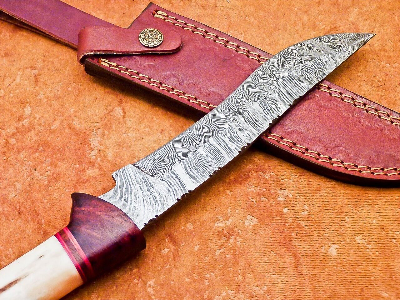 12" Hand Forged Damascus Bowie Knife with Camel Bone & Wood Handle – Leather Sheath Included
