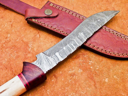 12" Hand Forged Damascus Bowie Knife with Camel Bone & Wood Handle – Leather Sheath Included
