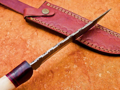 12" Hand Forged Damascus Bowie Knife with Camel Bone & Wood Handle – Leather Sheath Included