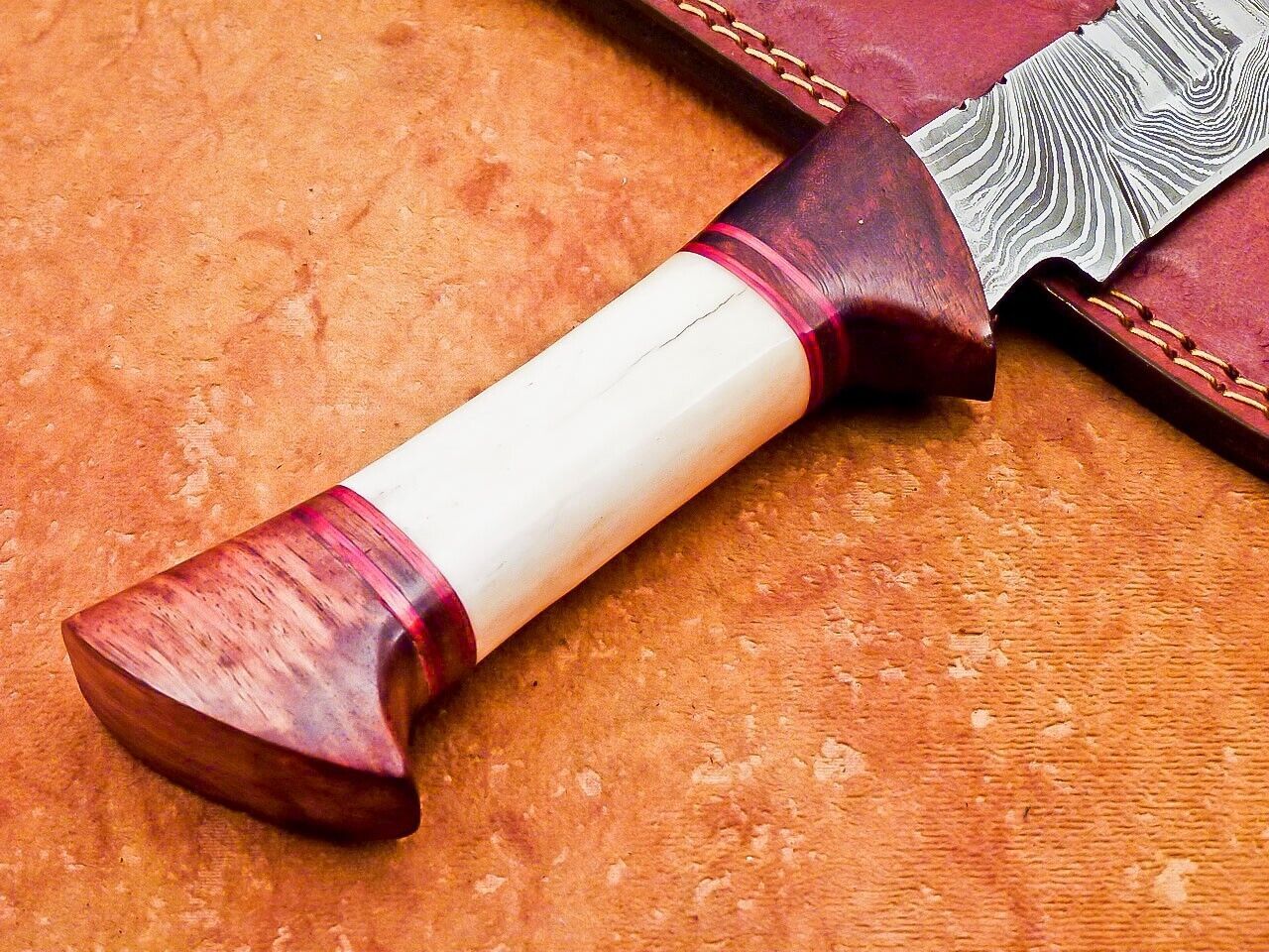 12" Hand Forged Damascus Bowie Knife with Camel Bone & Wood Handle – Leather Sheath Included