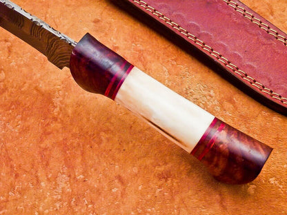 12" Hand Forged Damascus Bowie Knife with Camel Bone & Wood Handle – Leather Sheath Included