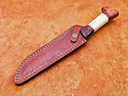 12" Hand Forged Damascus Bowie Knife with Camel Bone & Wood Handle – Leather Sheath Included