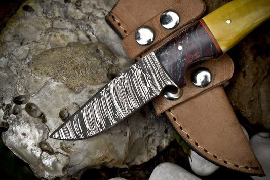 Hand Forged Twist Damascus Skinner Knife – Bone Handle with Micarta Bolster & Leather Sheath