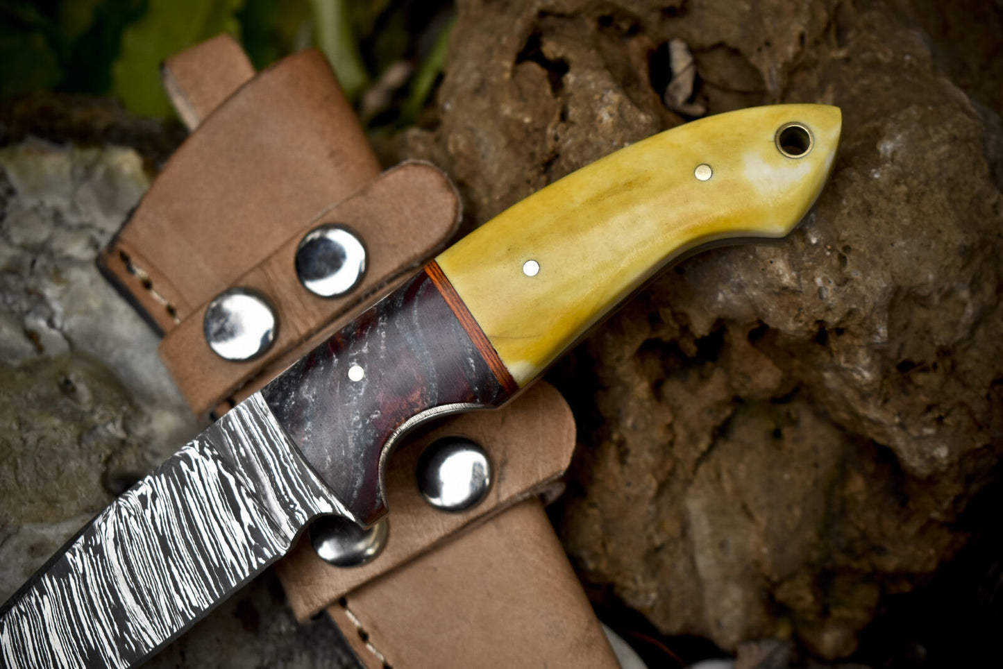 Hand Forged Twist Damascus Skinner Knife – Bone Handle with Micarta Bolster & Leather Sheath