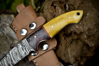 Hand Forged Twist Damascus Skinner Knife – Bone Handle with Micarta Bolster & Leather Sheath
