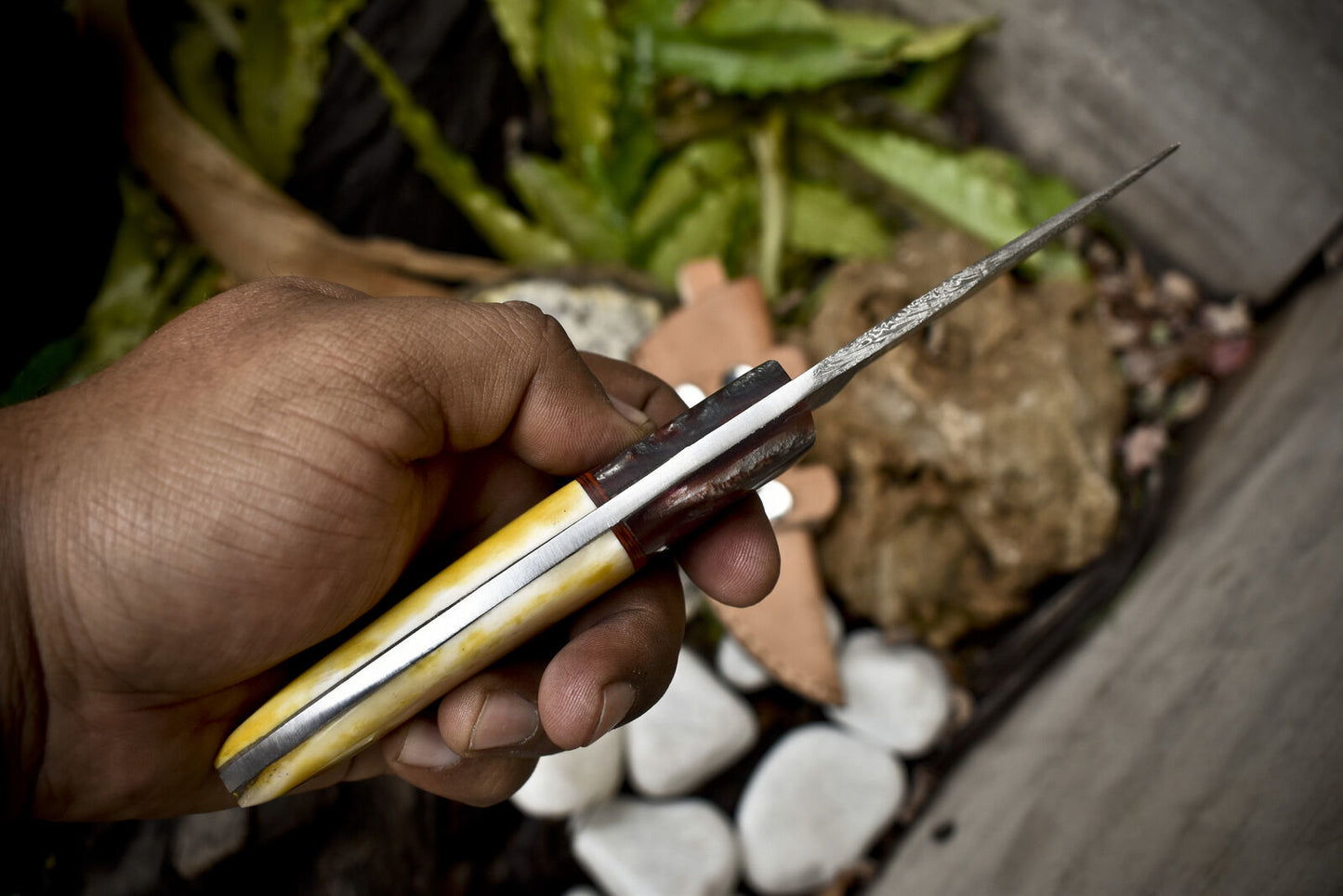 Hand Forged Twist Damascus Skinner Knife – Bone Handle with Micarta Bolster & Leather Sheath