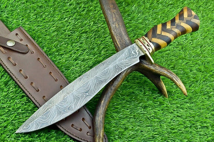 Heritage Forge 14 Inch Damascus Steel Bowie Knife with Natural Wood Handle | Hand Forged Hunting Camping Knife