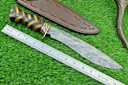 Heritage Forge 14 Inch Damascus Steel Bowie Knife with Natural Wood Handle | Hand Forged Hunting Camping Knife