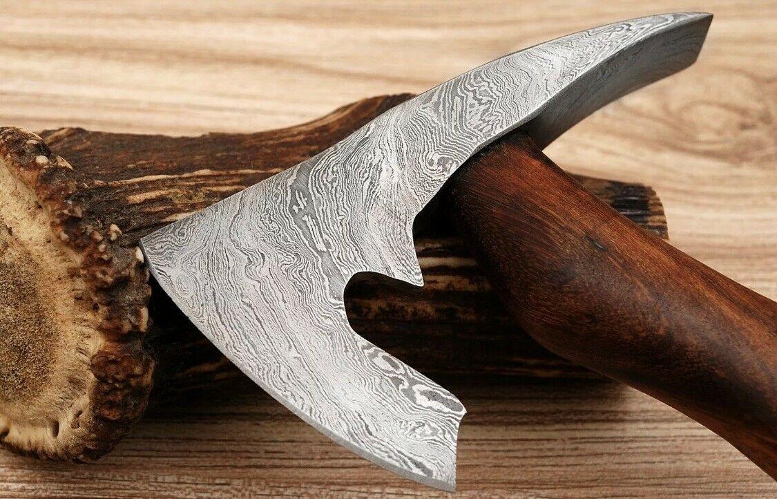 Handmade Forged Damascus Steel Tomahawk Spike Axe with Rose Wood Handle and Leather Sheath