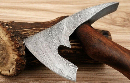 Handmade Forged Damascus Steel Tomahawk Spike Axe with Rose Wood Handle and Leather Sheath