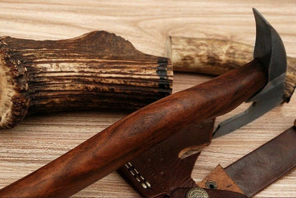 Handmade Forged Damascus Steel Tomahawk Spike Axe with Rose Wood Handle and Leather Sheath