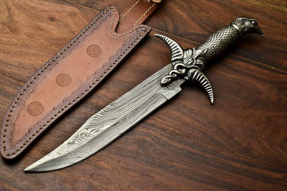 Heritage Forge 14.5" Damascus Bowie Knife with Pewter Handle and Leather Sheath