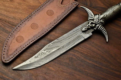 Heritage Forge 14.5" Damascus Bowie Knife with Pewter Handle and Leather Sheath