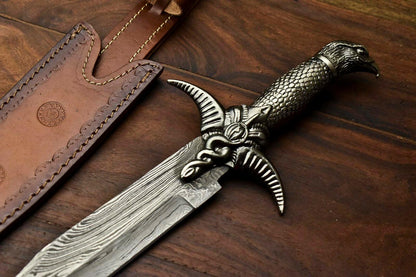 Heritage Forge 14.5" Damascus Bowie Knife with Pewter Handle and Leather Sheath