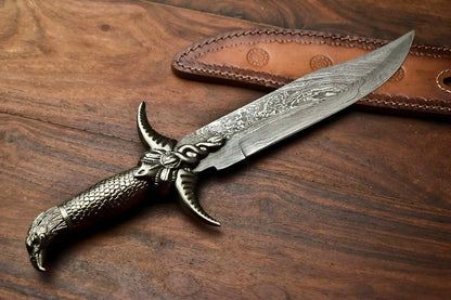 Heritage Forge 14.5" Damascus Bowie Knife with Pewter Handle and Leather Sheath